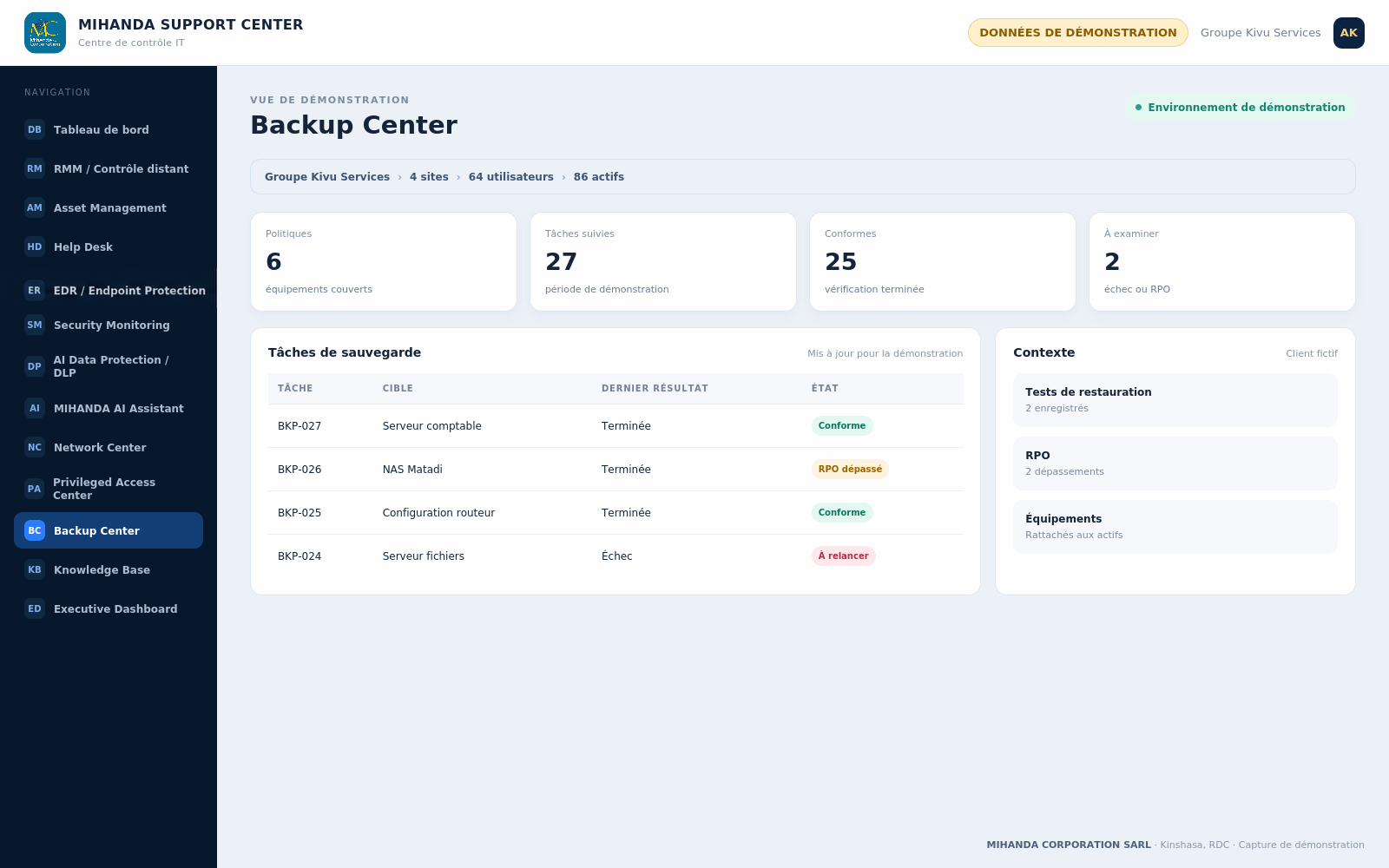 Backup Center — MIHANDA SUPPORT CENTER